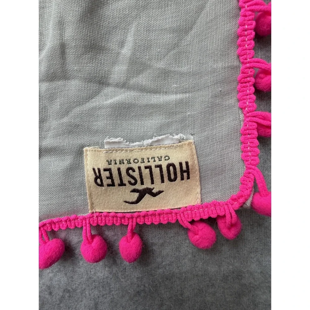 Hollister Scarf Womens One Size Gray Pink Pom Pom Fringe Square Wrap Boho